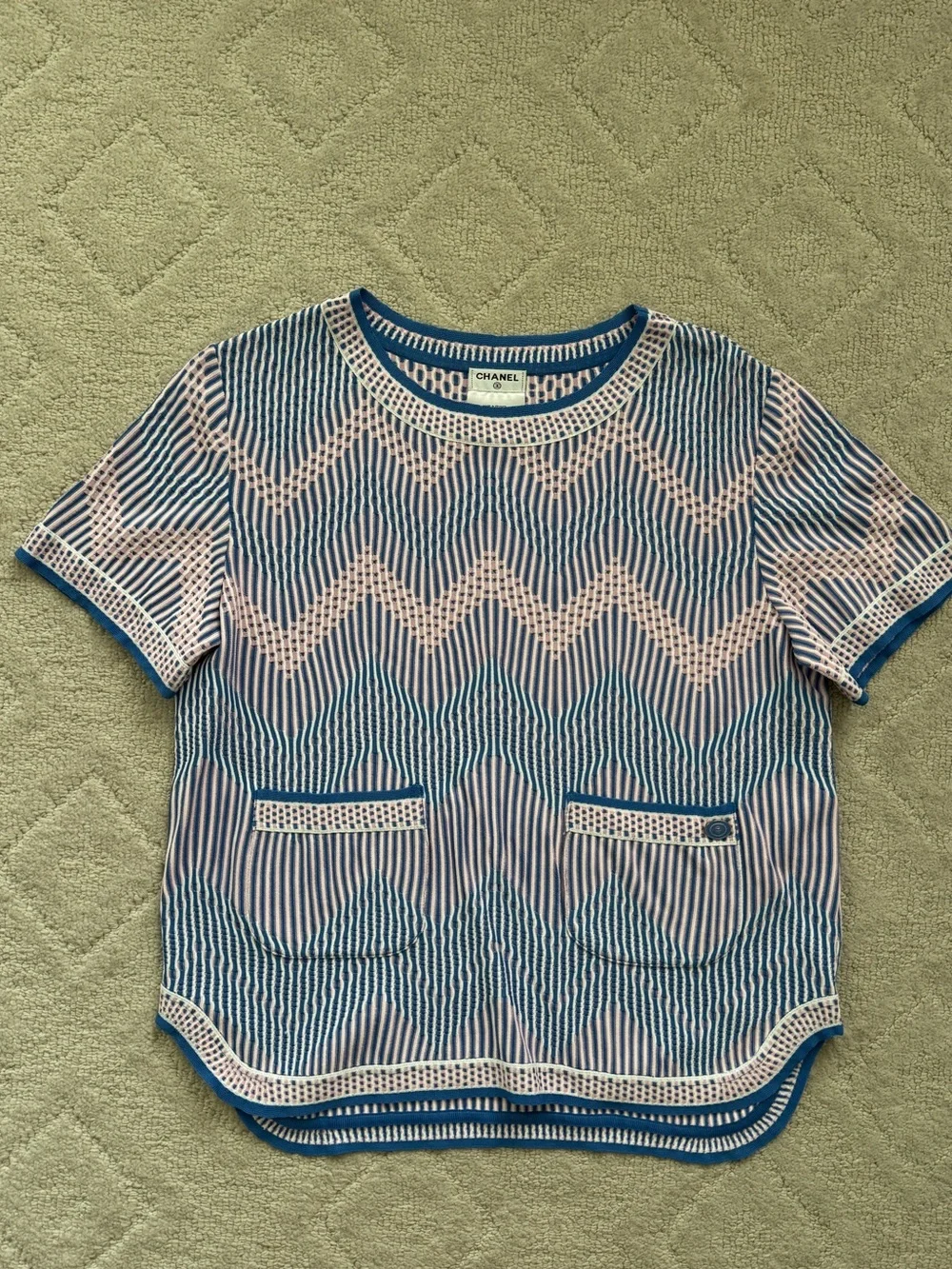 Chanel Authentic Cruise Blue/Pink/White Zigzag Pattern  Knit Top/36/ New